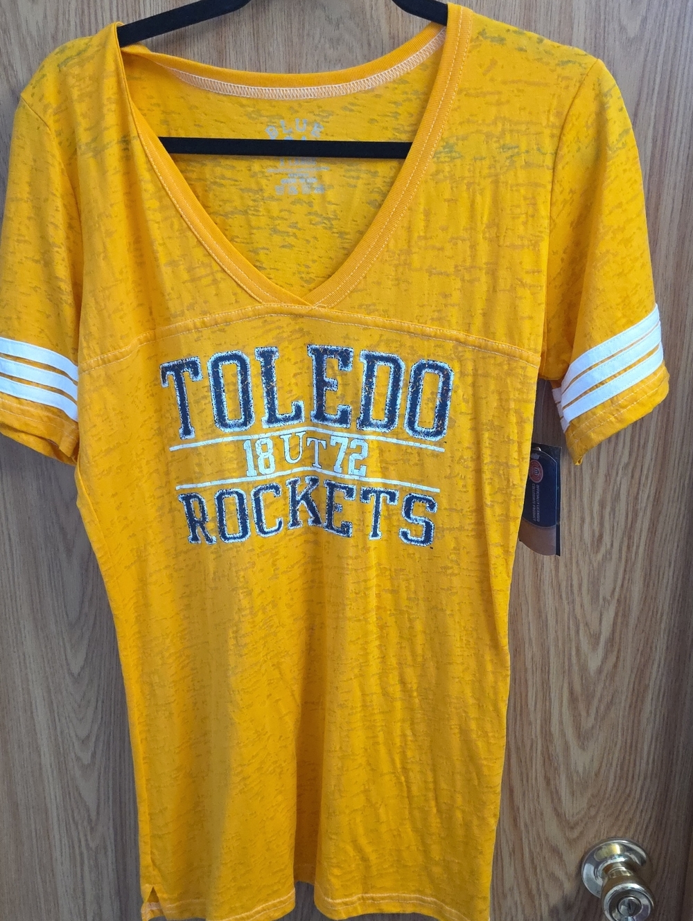 Blue 84 Women's Toledo Rockets Gold V-Neck Tee with White Sleeve Stripes